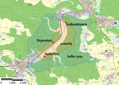 Property and buffer zone (red und blue) of the World Heritage site in the Ach Valley with the caves Geißenklösterle, Sirgenstein and Hohle Fels.